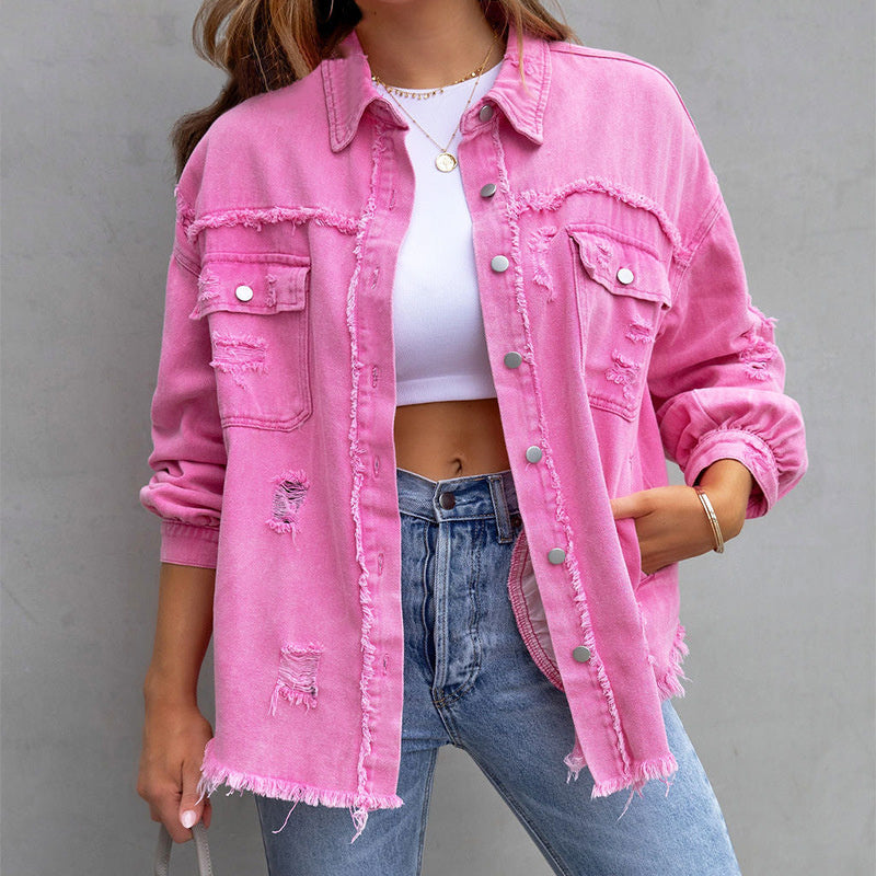 Camille – Farverig Dame Denimjakke med Slidt Look