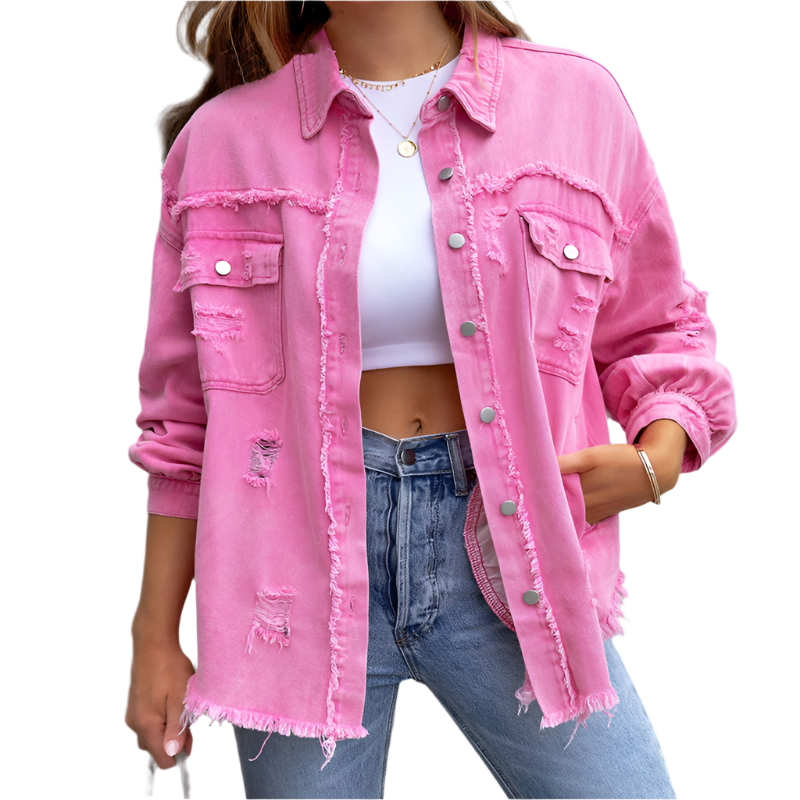 Camille – Farverig Dame Denimjakke med Slidt Look