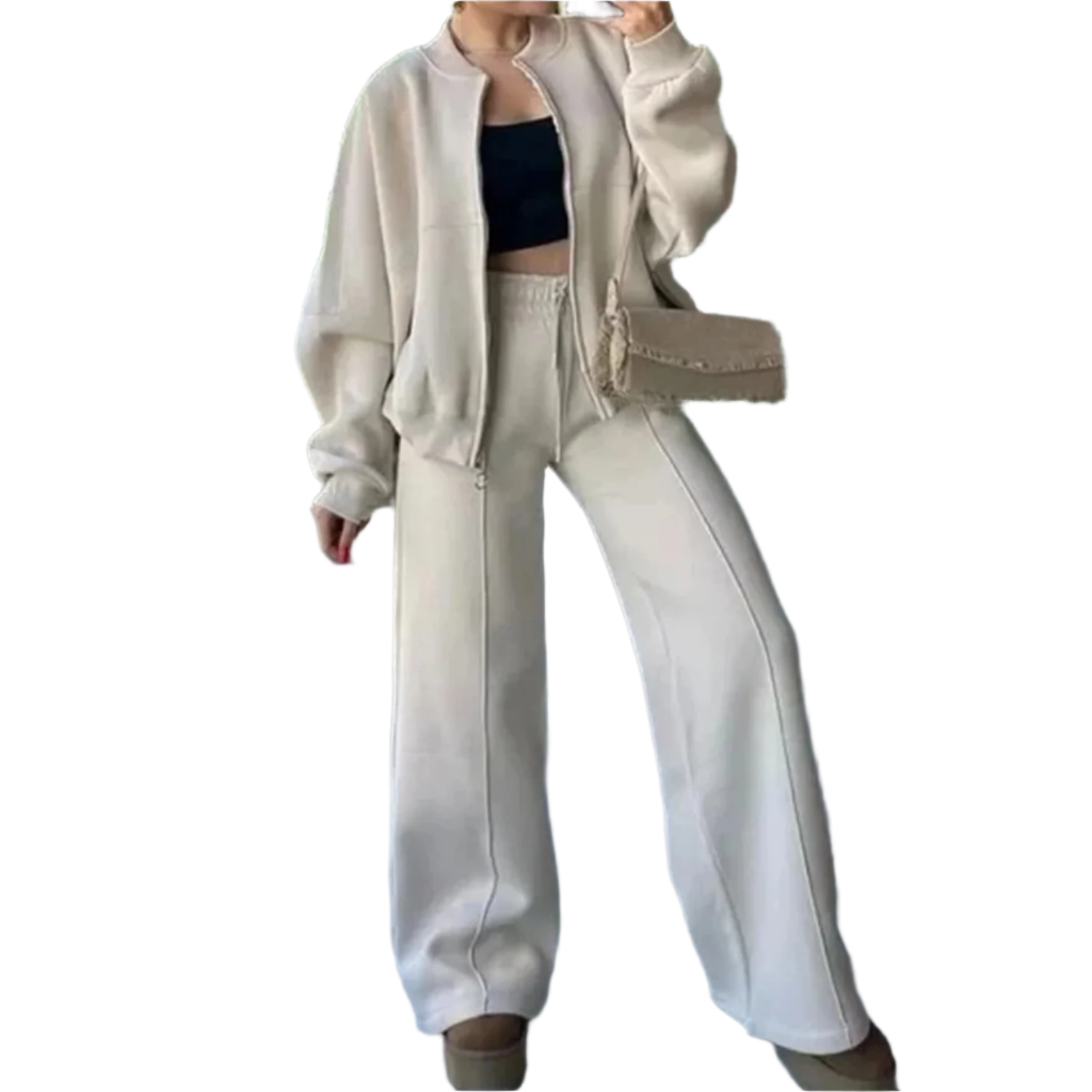 Sofia – Stilfuldt Dame Træningssæt med Lynlås og Løs Buks