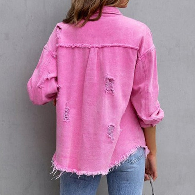 Camille – Farverig Dame Denimjakke med Slidt Look