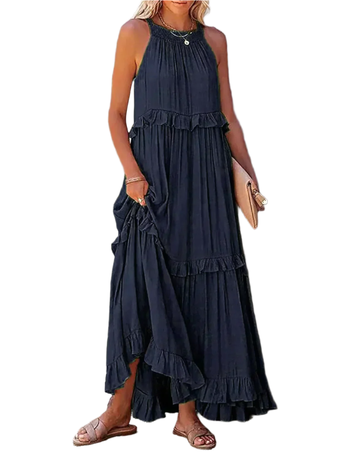 Lucia – Let og Luftig Halterneck Sommerkjole med Rynker og Lommer til Kvinder