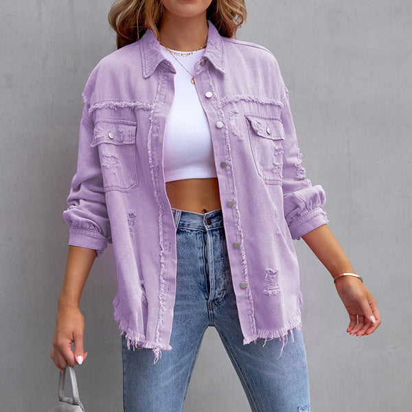 Camille – Farverig Dame Denimjakke med Slidt Look