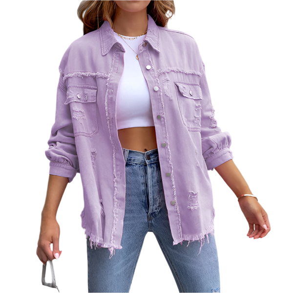 Camille – Farverig Dame Denimjakke med Slidt Look