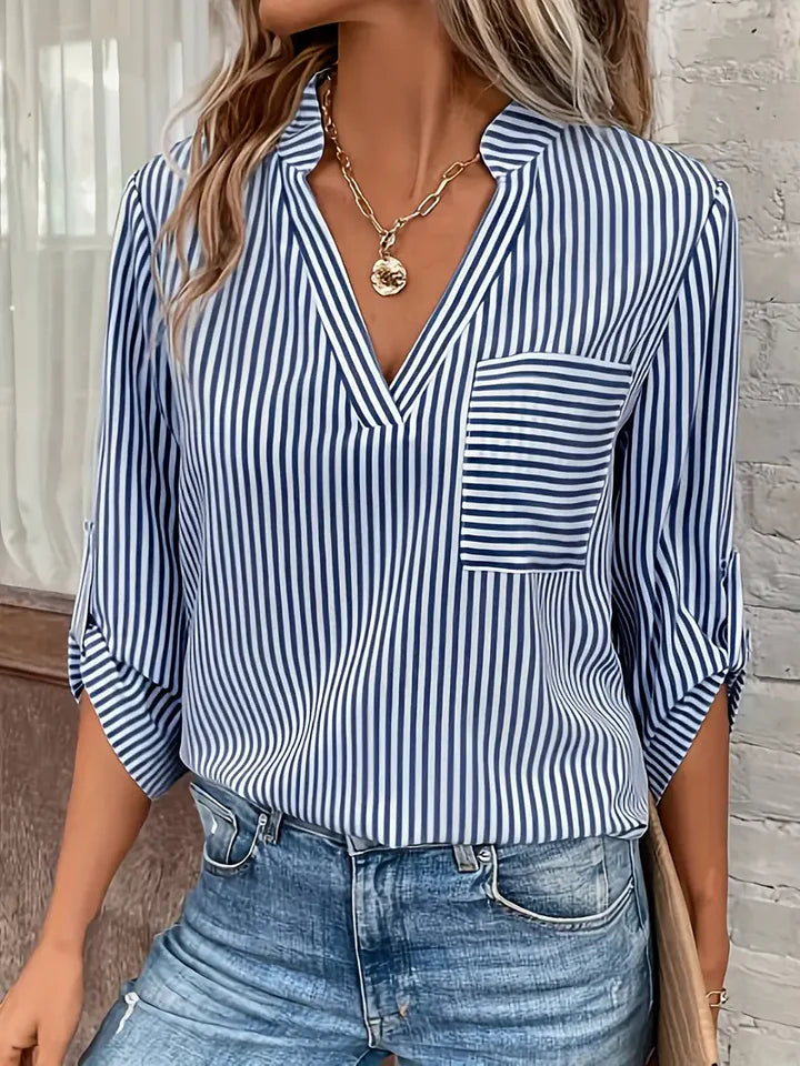 Camille - Stribet bluse med V-hals til kvinder