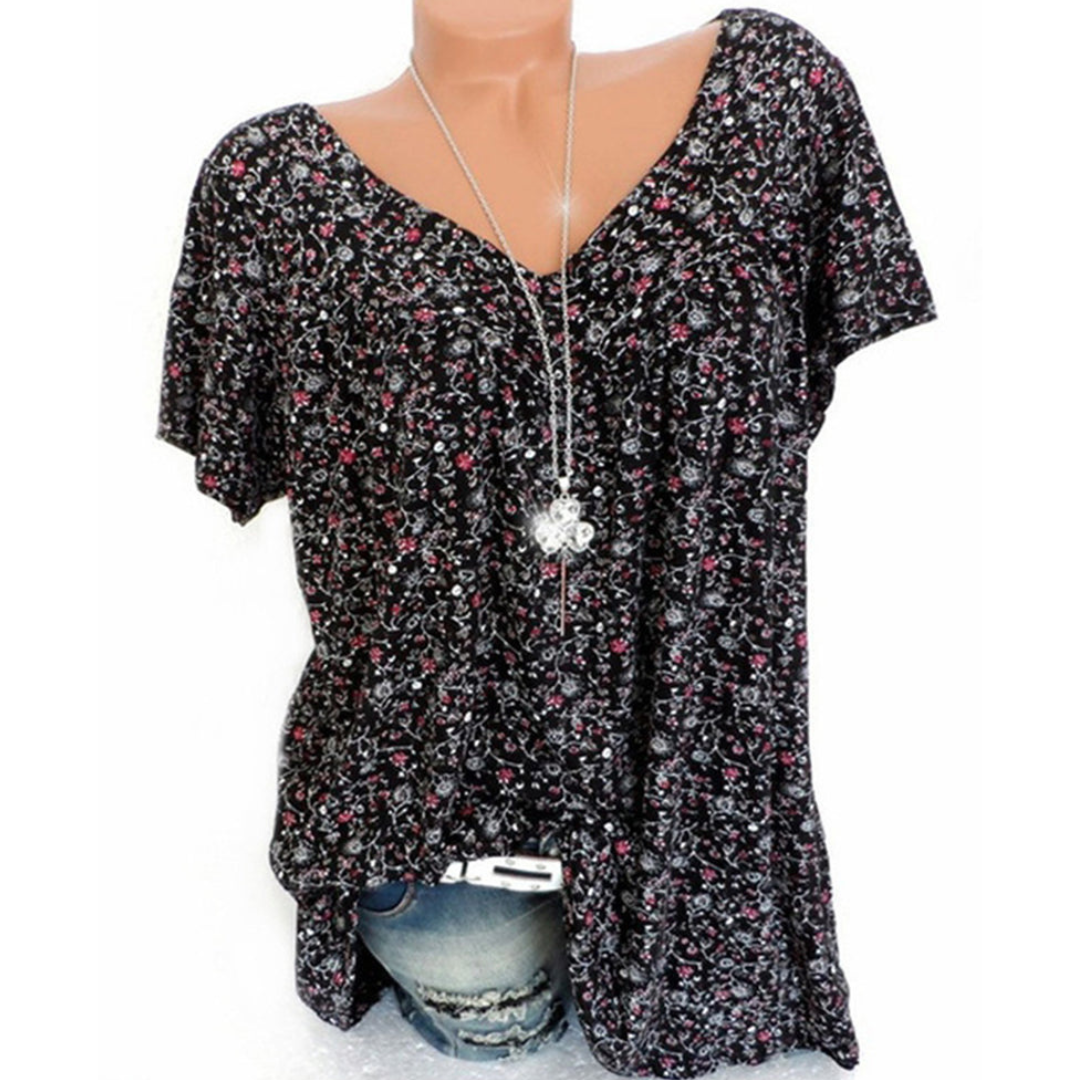 Isabelle – Kortærmet Damebluse med V-Hals og Print