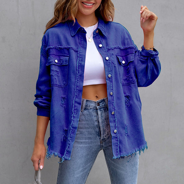 Camille – Farverig Dame Denimjakke med Slidt Look