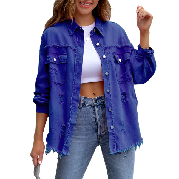 Camille – Farverig Dame Denimjakke med Slidt Look