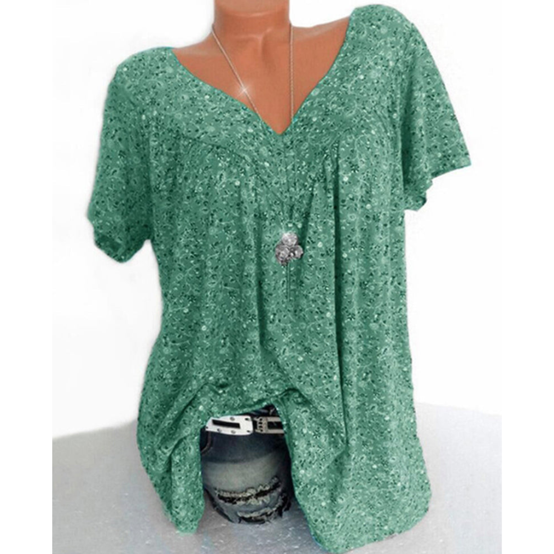 Isabelle – Kortærmet Damebluse med V-Hals og Print