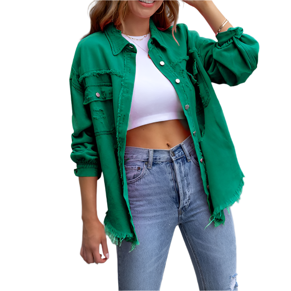 Camille – Farverig Dame Denimjakke med Slidt Look