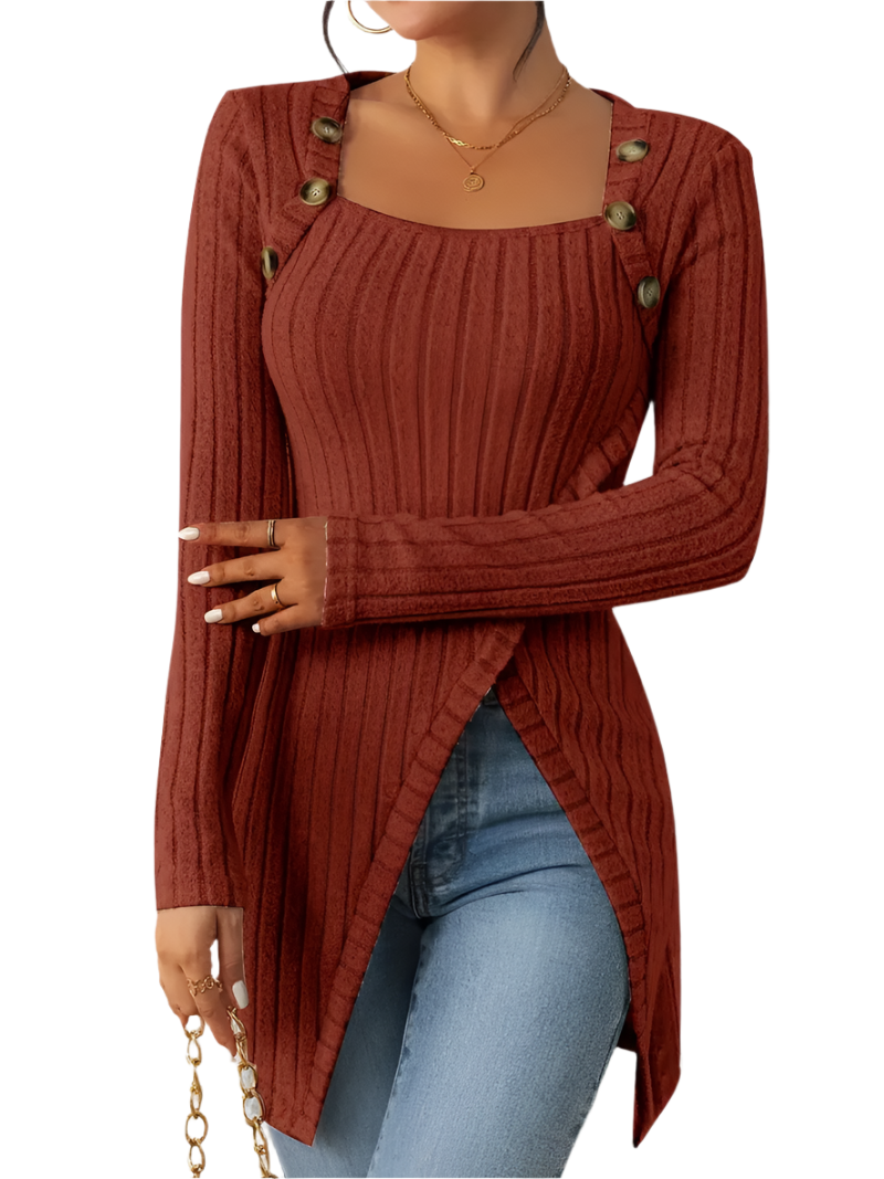 Sofia – Asymmetrisk Ribstrikket Damebluse med Knapdetaljer