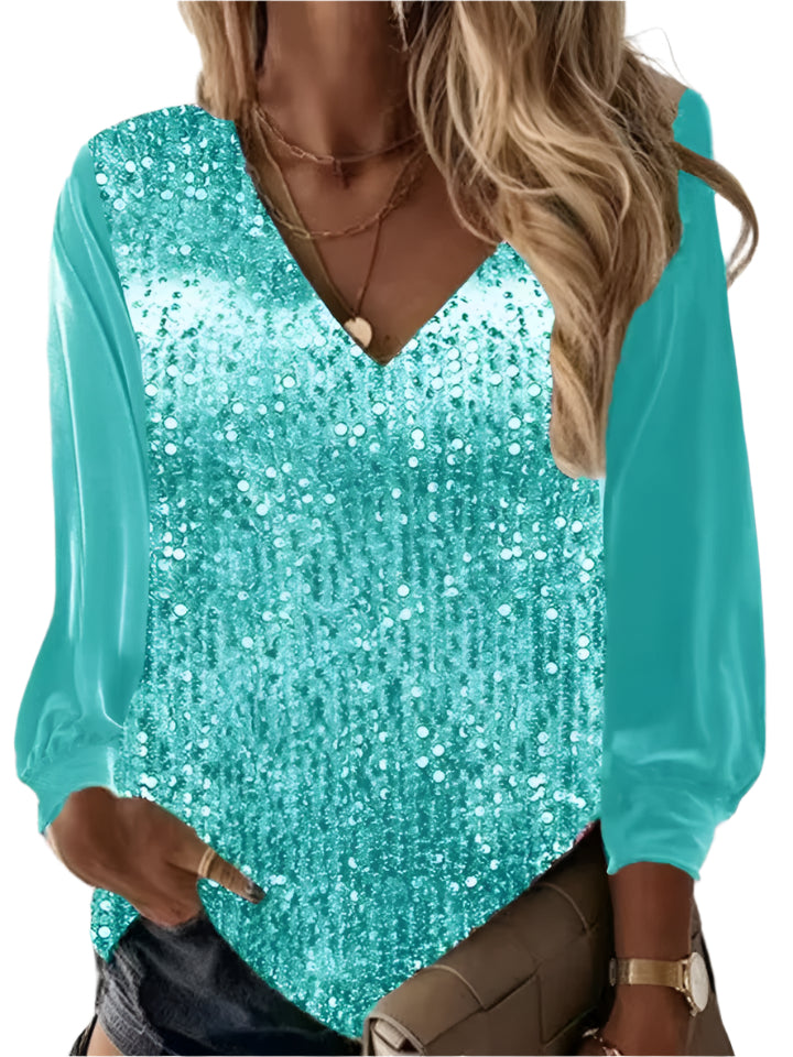 Isabella – Damebluse med V-udskæring og Pailletter