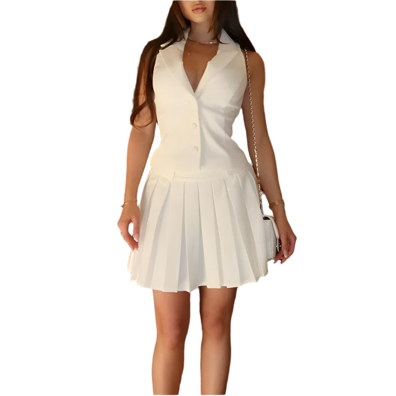 Isabella – Plisseret Mininederdel & Knappet Top Sæt til Kvinder