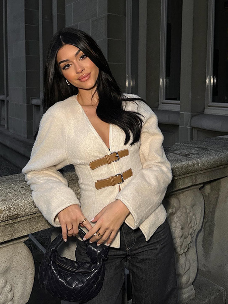 Sofia – Beige Slanktsiddende Kvindecardigan med Stropdetaljer