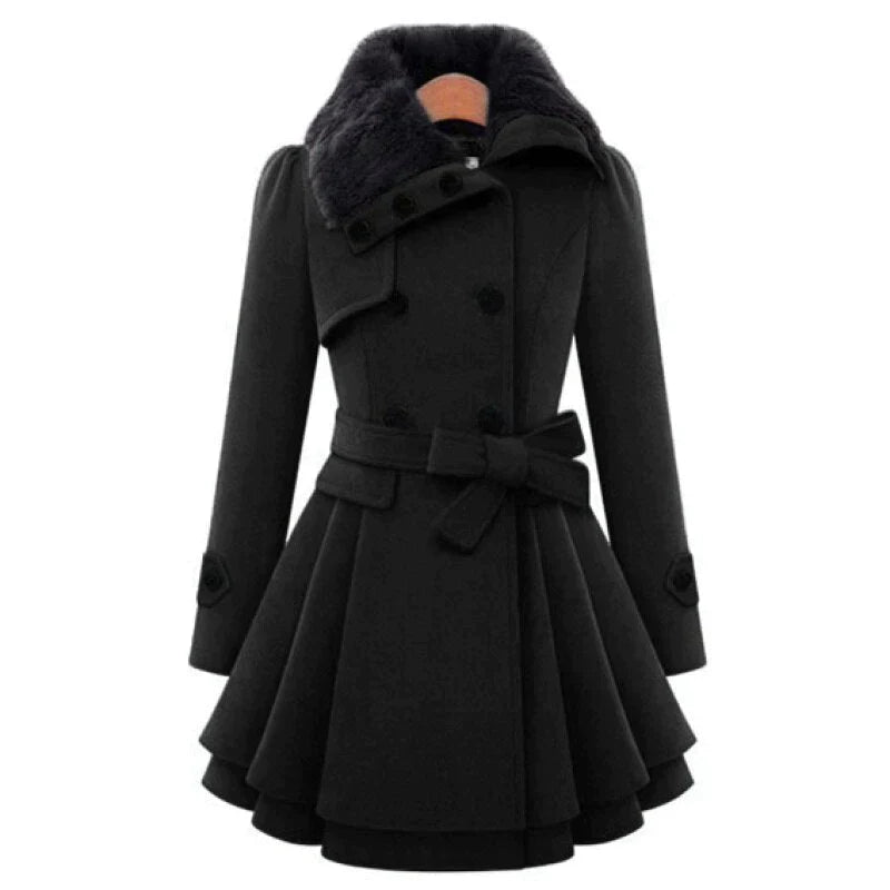 Sofia – Elegant Dame Trenchcoat med Bløde Veganske Pelsdetaljer