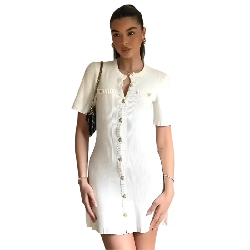 Gabriella – Elegant Kvindekjole i Strik med Guldknapper