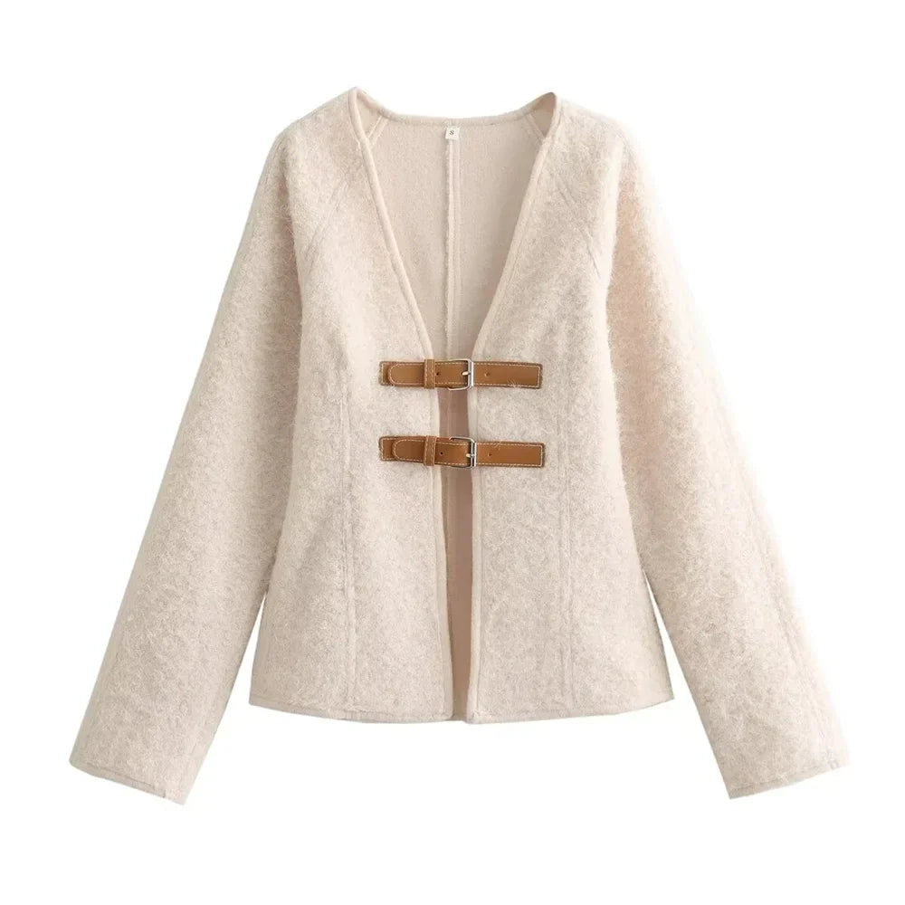 Sofia – Beige Slanktsiddende Kvindecardigan med Stropdetaljer