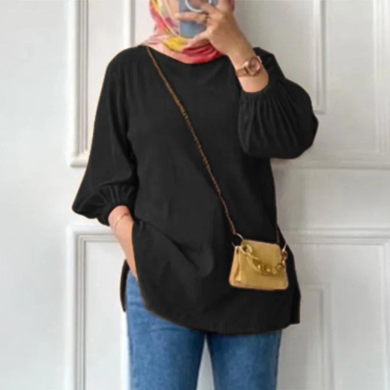 Amina – Elegant Damebluse med Pufærmer og Løs Pasform