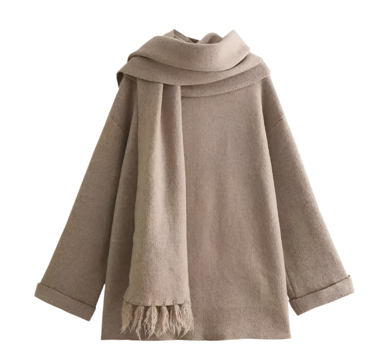 Elena – Hygge Strikket Cardigan med Indbygget Tørklæde