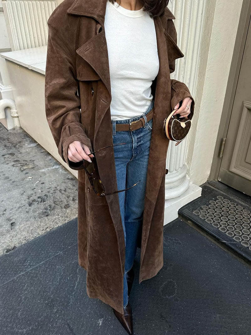 Marisol – Lang Damefrakke i Ruskind-Look
