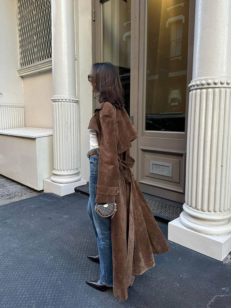 Marisol – Lang Damefrakke i Ruskind-Look