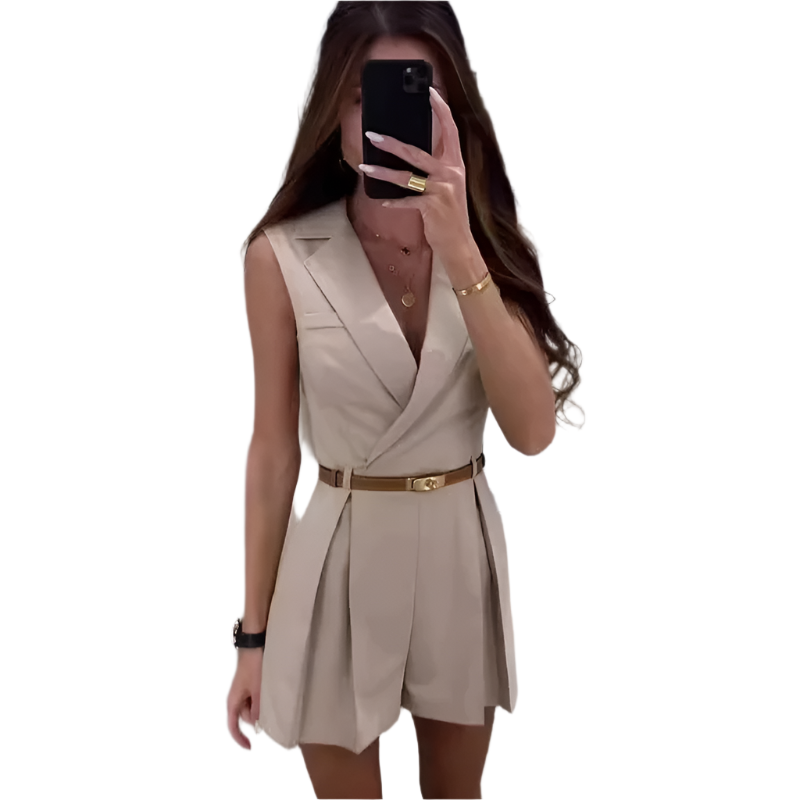 Camille – Beige Taljeret Mini Jumpsuit til Kvinder