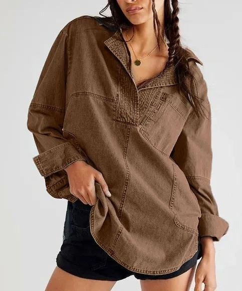 AlessiaVerdi Denim V-Neck Pullover Shirt til kvinder