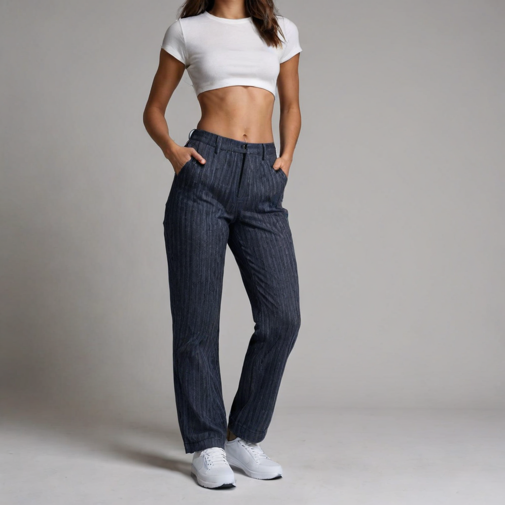 Isabella – Stribet Damebukser i Blød Lounge-Stil i Denimblå