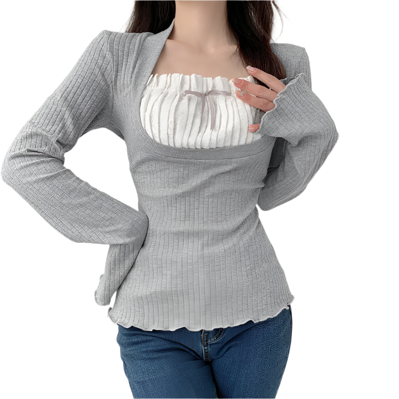 Elena – Slimfit Bluse med Blondekontrast til Kvinder